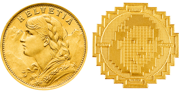 Das Goldvreneli und das neue Crypto Vreneli nebeneinander