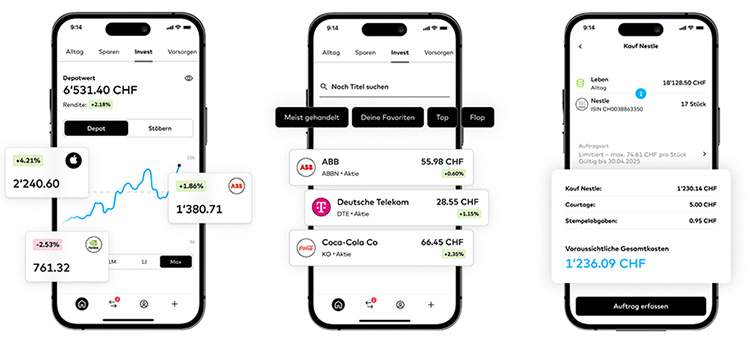 Verschiedene Smartphone-Ansichten der Neo-Bank Zak