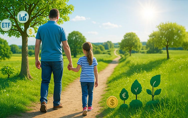 Vater mit kleiner Tochter auf einem Weg auf dem Lande, in den Wiesen neben dem Weg stehen Symbole für ETFs und Investitionen