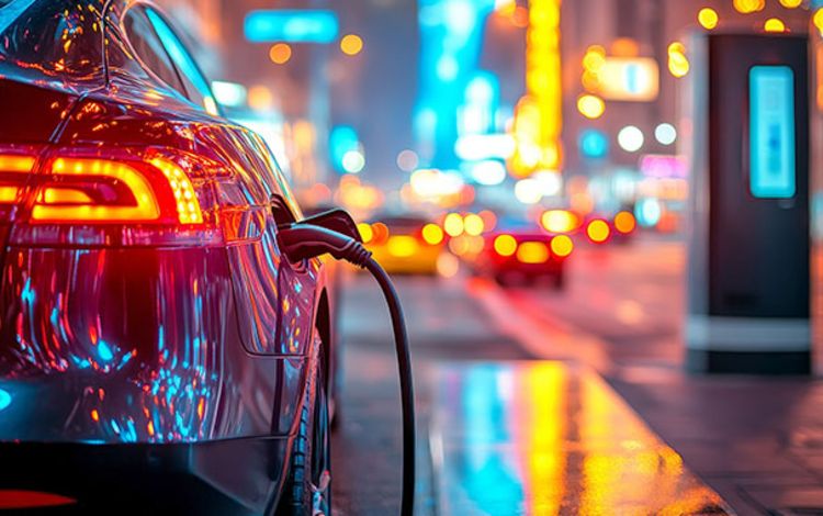 E-Auto bei Nacht, das gerade mit Strom aufgeladen wird