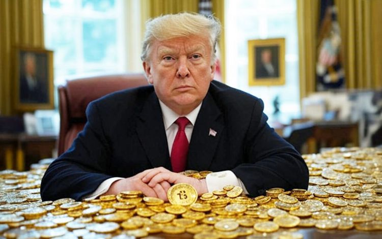 Donald Trump im Oval Office mit Bitcoin-Münzen auf dem Schreibtisch